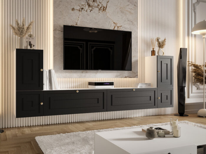 Meblościanka Biało Czarna Do Salonu 260X90X35 CM + Fronty Frezowane Malowane MDF 18 MM ARIZONA