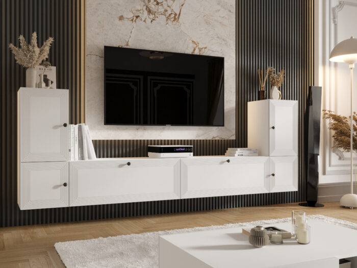 Meblościanka Biała Do Salonu 260X90X35 CM + Fronty Frezowane Malowane MDF 18 MM ARIZONA