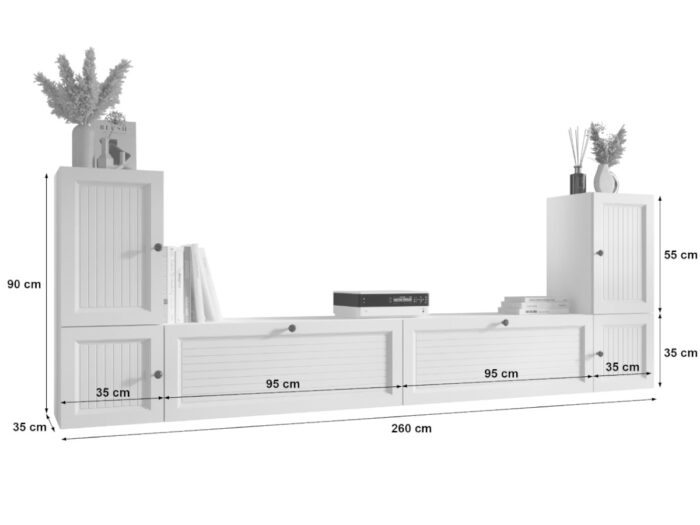 Meblościanka Biała Do Salonu 260X90X35 CM + Fronty Frezowane Malowane MDF 18 MM ARIZONA