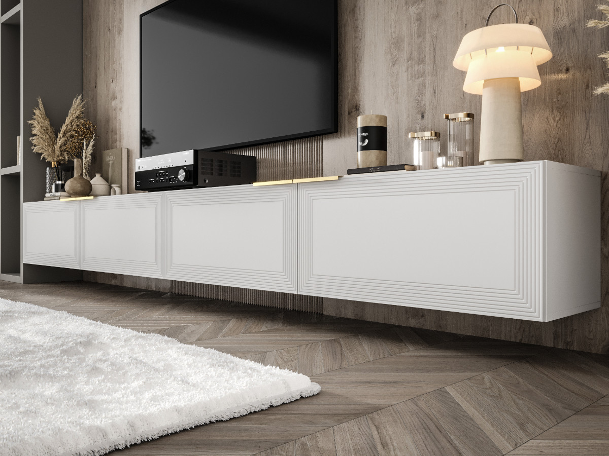 mebloscianka-modulowa-rtv-300-designerskie-meble-do-salonu-nowoczesny-zestaw-szafki-rtv-szafki-wiszace-biale-czarne-fronty-mdf-frezowane-lakierowane-designerska-mebloscianka-FARO Biała Meblościanka Modułowa 300 CM - Szafki RTV Białe - Zestaw Mebli Salonowych + Fronty Frezowane Lakierowane MDF 18 MM + Wybór Wzorów FARO