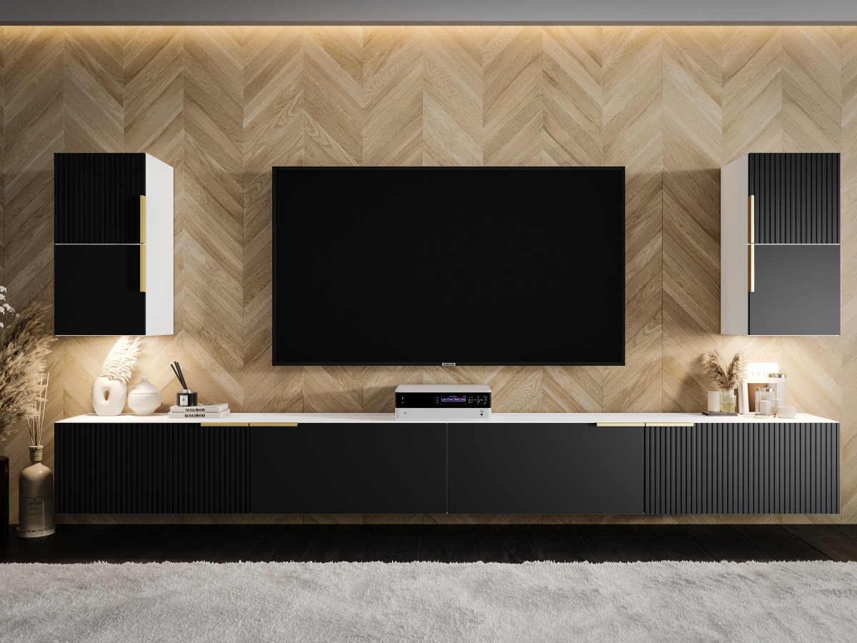 mebloscianka-modulowa-rtv-300-designerskie-meble-do-salonu-nowoczesny-zestaw-szafki-rtv-szafki-wiszace-biale-czarne-fronty-mdf-frezowane-lakierowane-designerska-mebloscianka-LUKKA-A Nowoczesna Meblościanka 300 CM - Szafki Modułowe RTV - Zestaw Mebli Salonowych + Fronty Frezowane Lakierowane MDF 18 MM + Wybór Wzorów LUKKA