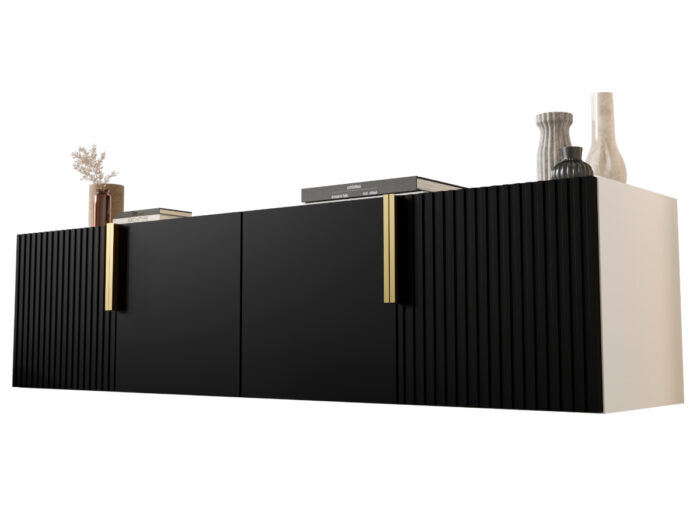 Zestaw RTV Z Lamelami 140 CM - Szafki Wiszące Modułowe + Fronty Frezowane Lakierowane MDF - CAMBRIDGE - OFERTA MAGAZYNOWA - WYSYŁKA 24H