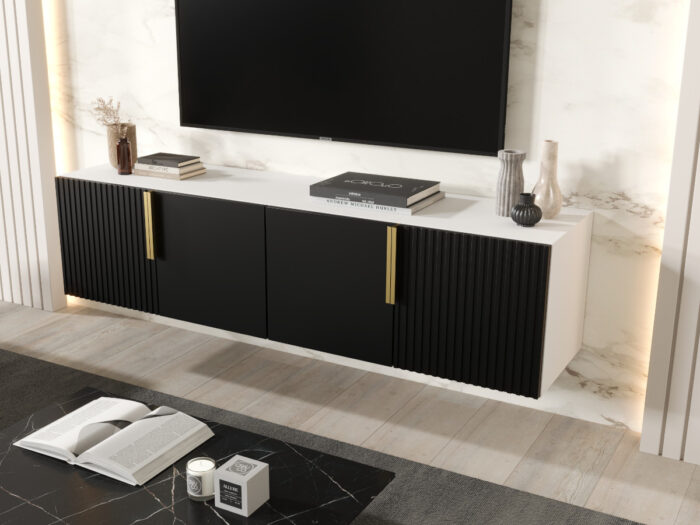 Zestaw RTV Z Lamelami 140 CM - Szafki Wiszące Modułowe + Fronty Frezowane Lakierowane MDF - CAMBRIDGE - OFERTA MAGAZYNOWA - WYSYŁKA 24H