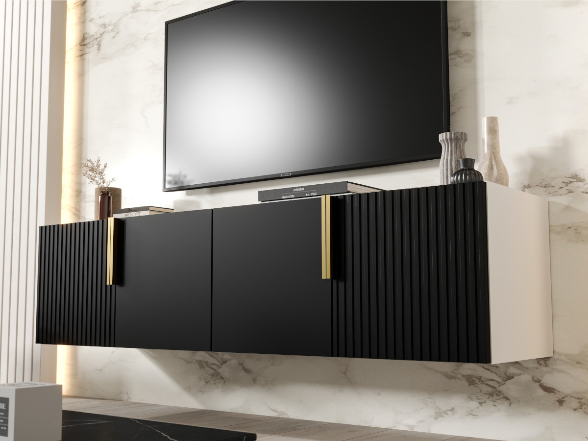 mebloscianka-nowoczesna-bialo-czarna-z-lamelami-designerska-stylowe-meble-mdf-oferta-magazynowa-od-reki-szybka-dostawa-CAMBRIDGE Zestaw RTV Z Lamelami 140 CM - Szafki Wiszące Modułowe + Fronty Frezowane Lakierowane MDF - CAMBRIDGE - OFERTA MAGAZYNOWA - WYSYŁKA 24H