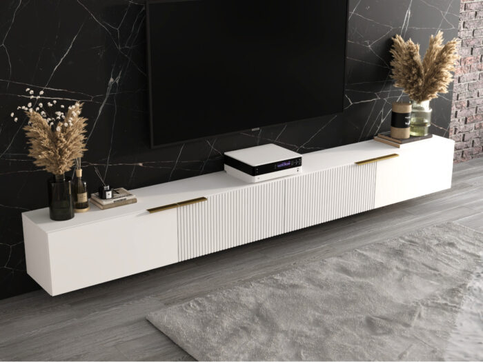 Meble RTV Z Lamelami 300 CM Nowoczesna Meblościanka - Szafki Modułowe Wiszące Zestaw + Fronty Frezowane Lakierowane MDF 18 MM + Wybór Wzorów CORDOBA