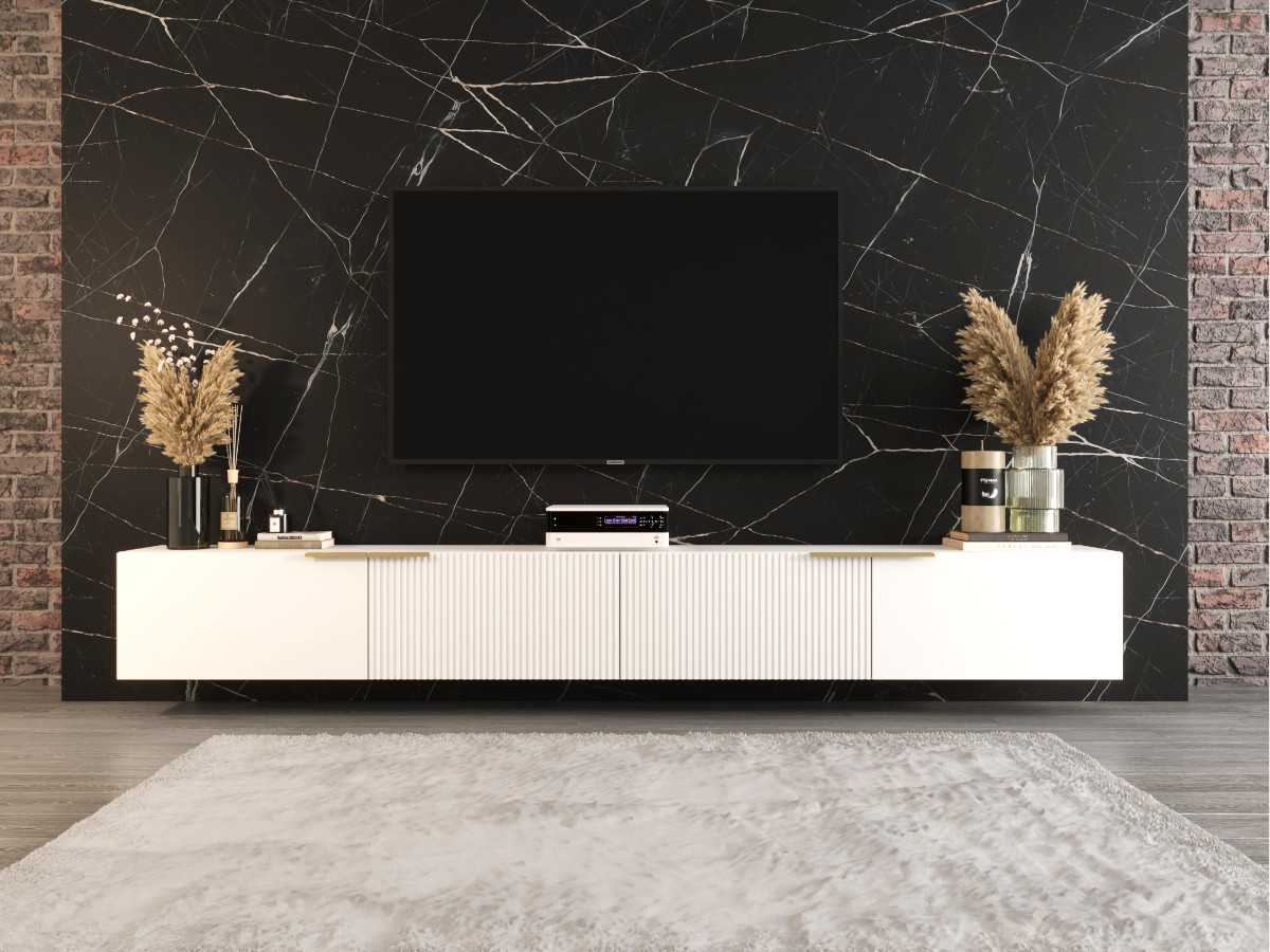 Meble RTV Z Lamelami 300 CM Nowoczesna Meblościanka - Szafki Modułowe Wiszące Zestaw + Fronty Frezowane Lakierowane MDF 18 MM + Wybór Wzorów CORDOBA