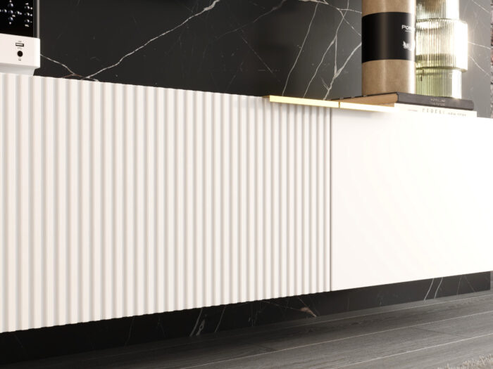 Meble RTV Z Lamelami 300 CM Nowoczesna Meblościanka - Szafki Modułowe Wiszące Zestaw + Fronty Frezowane Lakierowane MDF 18 MM + Wybór Wzorów CORDOBA