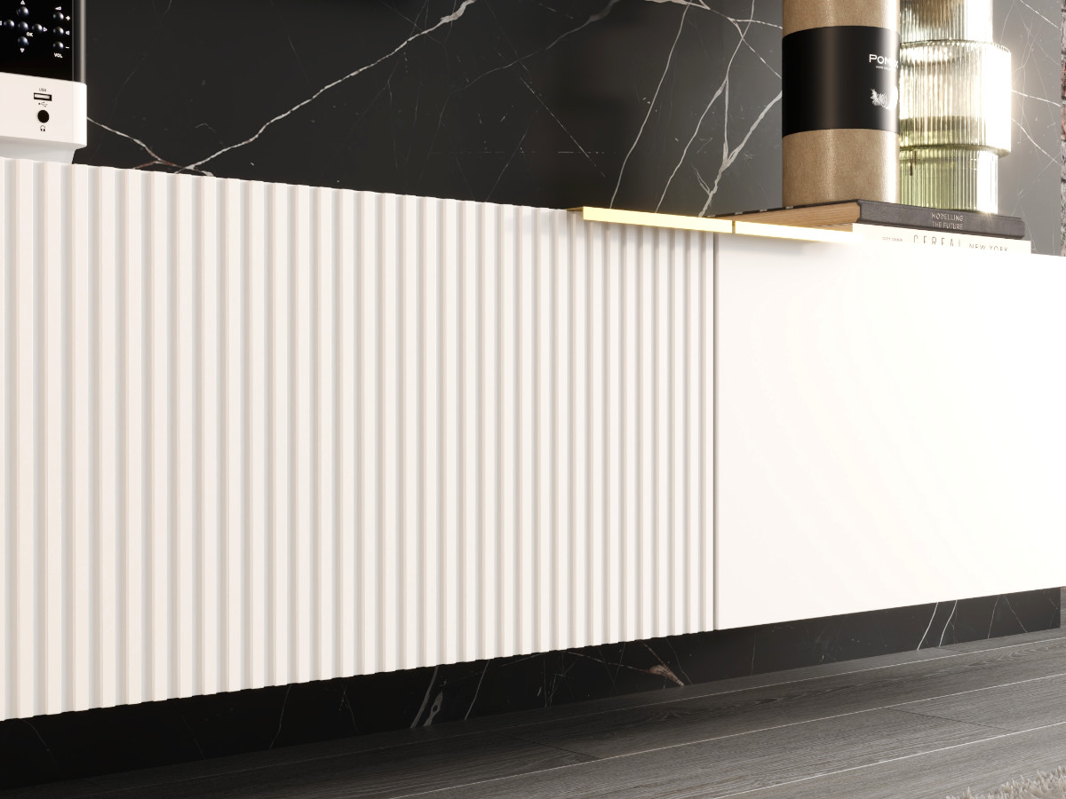 Meble RTV Z Lamelami 300 CM Nowoczesna Meblościanka - Szafki Modułowe Wiszące Zestaw + Fronty Frezowane Lakierowane MDF 18 MM + Wybór Wzorów CORDOBA