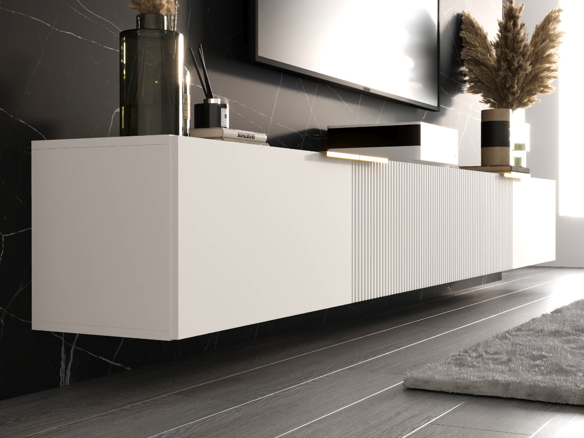 mebloscianka-rtv-300-z-lamelami-biala-wiszaca-nowoczesne-meble-do-salonu-design-stylowe-CORDOBA-f Meble RTV Z Lamelami 300 CM Nowoczesna Meblościanka - Szafki Modułowe Wiszące Zestaw + Fronty Frezowane Lakierowane MDF 18 MM + Wybór Wzorów CORDOBA