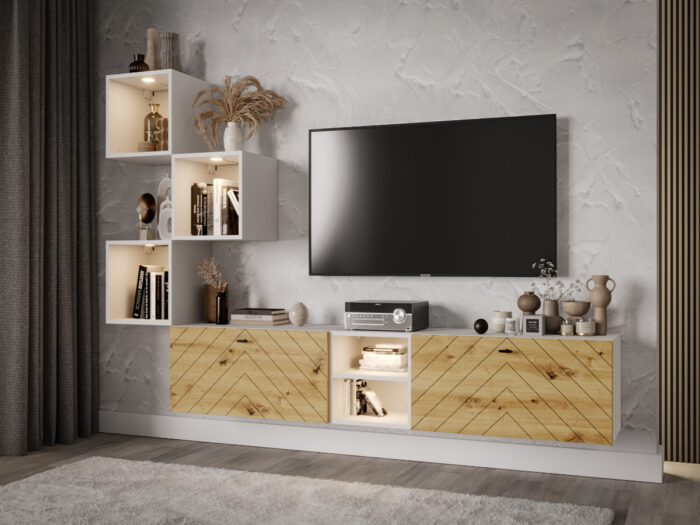 Zestaw Mebli RTV 220 CM Nowoczesna Meblościanka - Szafki Modułowe Wiszące + Fronty Frezowane Jodełki MDF 18 MM + Wybór Kolorów MALTA