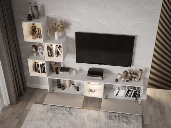 Zestaw Mebli RTV 220 CM Nowoczesna Meblościanka - Szafki Modułowe Wiszące + Fronty Frezowane Jodełki MDF 18 MM + Wybór Kolorów MALTA