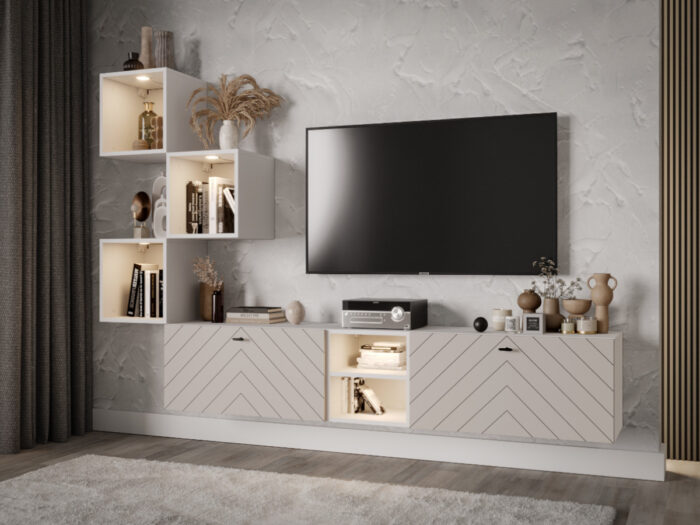 Zestaw Mebli RTV 220 CM Nowoczesna Meblościanka - Szafki Modułowe Wiszące + Fronty Frezowane Jodełki MDF 18 MM + Wybór Kolorów MALTA