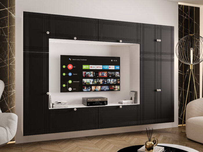 Duży Zestaw RTV Meblościanka Z Szafą 255X170X35 CM - Opcja Własnej Konfiguracji - Fronty Frezowane MDF 18 MM PRAGA