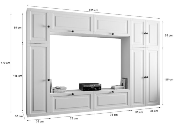 Duża Meblościanka Z Szafą Zestaw Szafek Wiszących RTV 255X170X35 CM - Opcja Własnej Konfiguracji - Fronty Frezowane MDF 18 MM PRAGA
