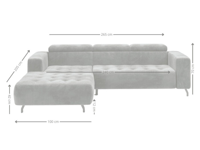 Nowoczesny Narożnik 265x205 CM Sofa Rogowa + Regulowana Wysokość Zagłówków + Sprężyny Faliste + Pianka HR + Wysokie Nóżki - ABRA