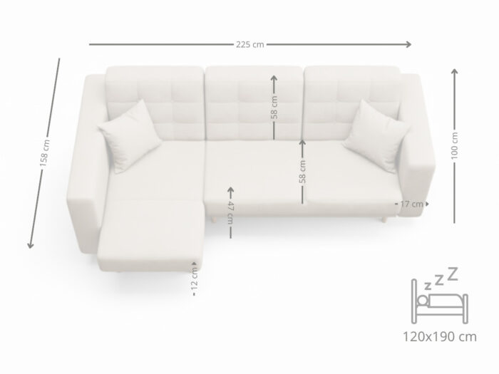 Wymiary Mały Narożnik Z Funkcją Spania 225x158 CM IMPERIA