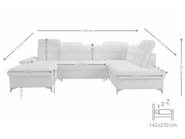 Wymiary Narożnik w kształcie litery U 343x210 cm COMO