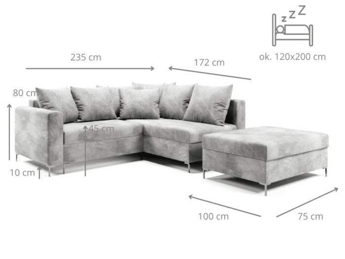 Narożnik Rozkładany 235x172 CM Z Dużą Pufą W Zestawie + Funkcja Spania Pojemnik Wysokie Nóżki - STAR