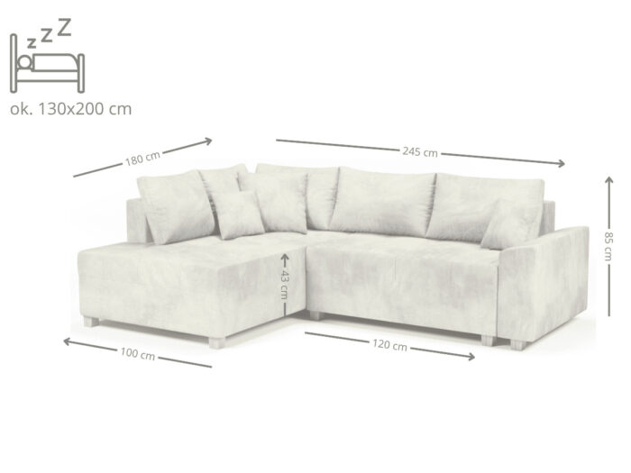 Narożnik Rozkładany 245x180 CM Sofa Rogowa + Funkcja Spania Pojemnik + Sprężyny Bonell - STONE