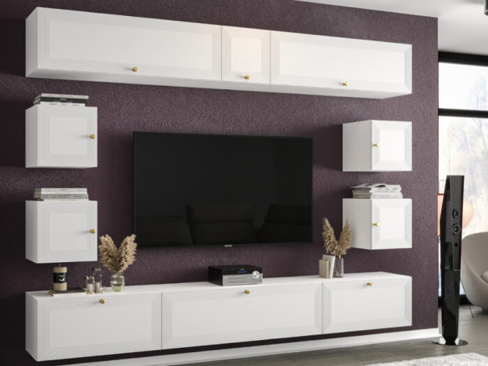 Stylowa Meblościanka RTV Nowoczesne Meble Szafki Modułowe Do Salonu 265X190X35 CM + Fronty Frezowane Malowane MDF 18 MM + Wybór Wzorów PORTO