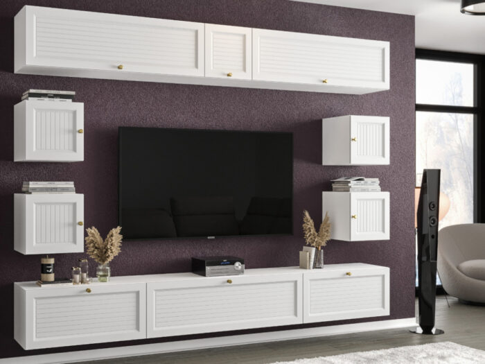 Stylowa Meblościanka RTV Nowoczesne Meble Szafki Modułowe Do Salonu 265X190X35 CM + Fronty Frezowane Malowane MDF 18 MM + Wybór Wzorów PORTO