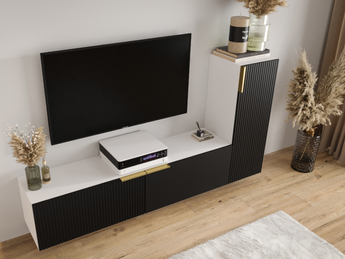 nowoczesna-mala-mebloscianka-185-modulowa-biala-czarna-wiszaca-lakierowane-fronty-mdf-designerskie-meble-do-salonu-lamele-MARSALA-b Meblościanka Z Lamelami 185 CM - Zestaw RTV - Szafki Modułowe Wiszące + Fronty Frezowane Lakierowane + Cichy Domyk + Wybór Wzorów MARSALA