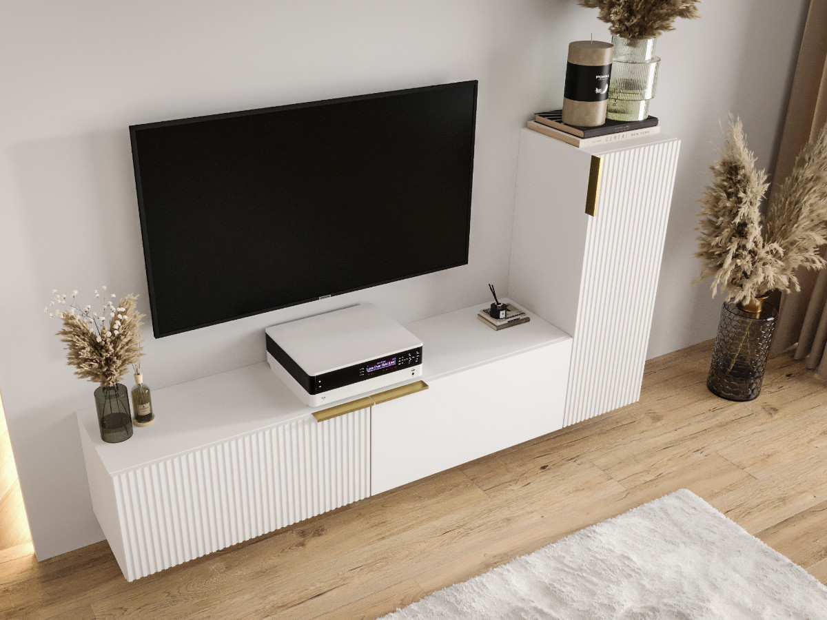 nowoczesna-mala-mebloscianka-185-modulowa-biala-czarna-wiszaca-lakierowane-fronty-mdf-designerskie-meble-do-salonu-lamele-MARSALA-c Biała Meblościanka Z Lamelami 185 CM - Zestaw RTV - Szafki Modułowe Wiszące + Fronty Frezowane Lakierowane + Cichy Domyk + Wybór Wzorów MARSALA