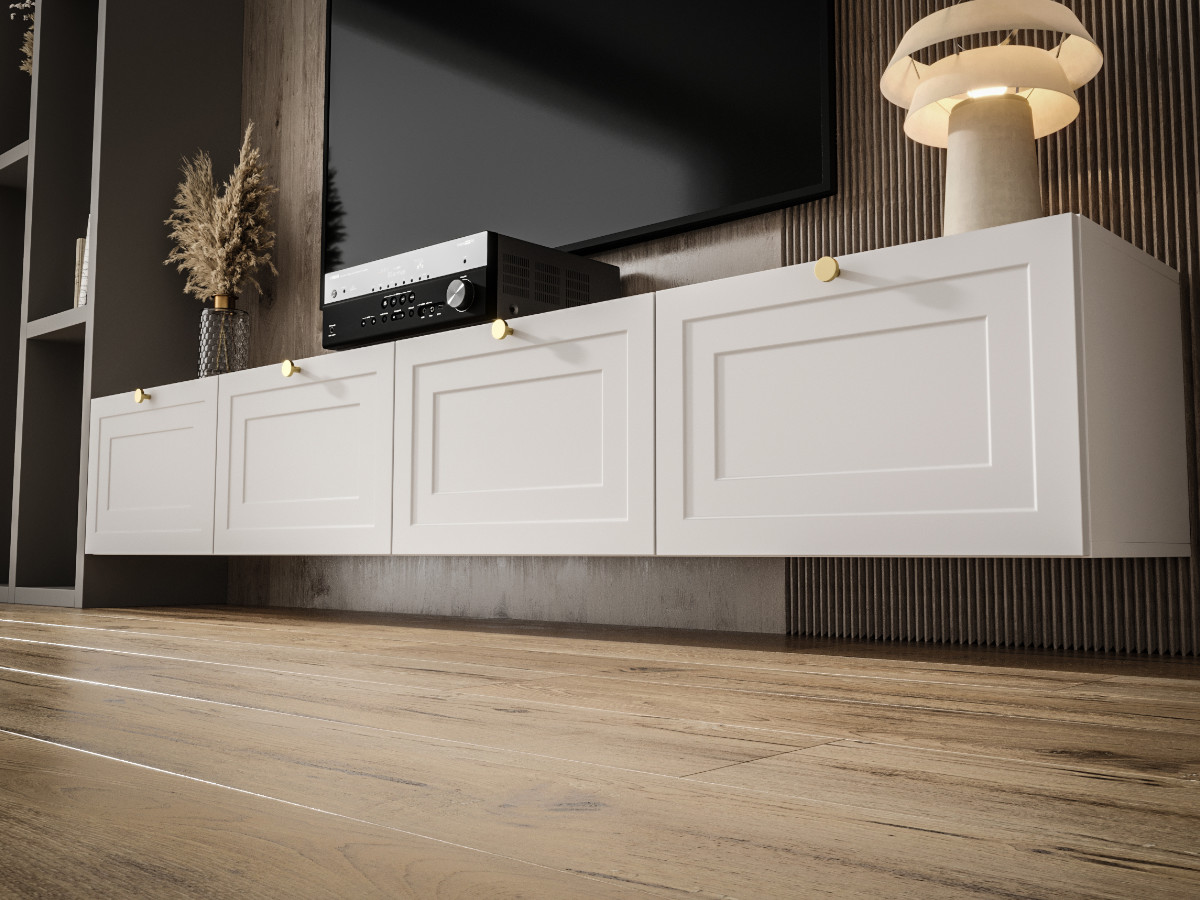 nowoczesna-mebloscianka-modulowa-biala-czarna-wiszaca-lakierowane-fronty-mdf-designerskie-meble-do-salonu-MADRYT Biały Zestaw RTV 220 CM - Nowoczesna Meblościanka - Szafki Modułowe Wiszące + Fronty Frezowane Lakierowane MDF 18 MM + Wybór Wzorów MADRYT