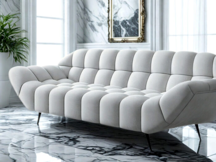 Nowoczesna Sofa 3-Osobowa 222 CM + Designerska Pikowana Kanapa Do Salonu + Wysokie Metalowe Nóżki - CLOUD