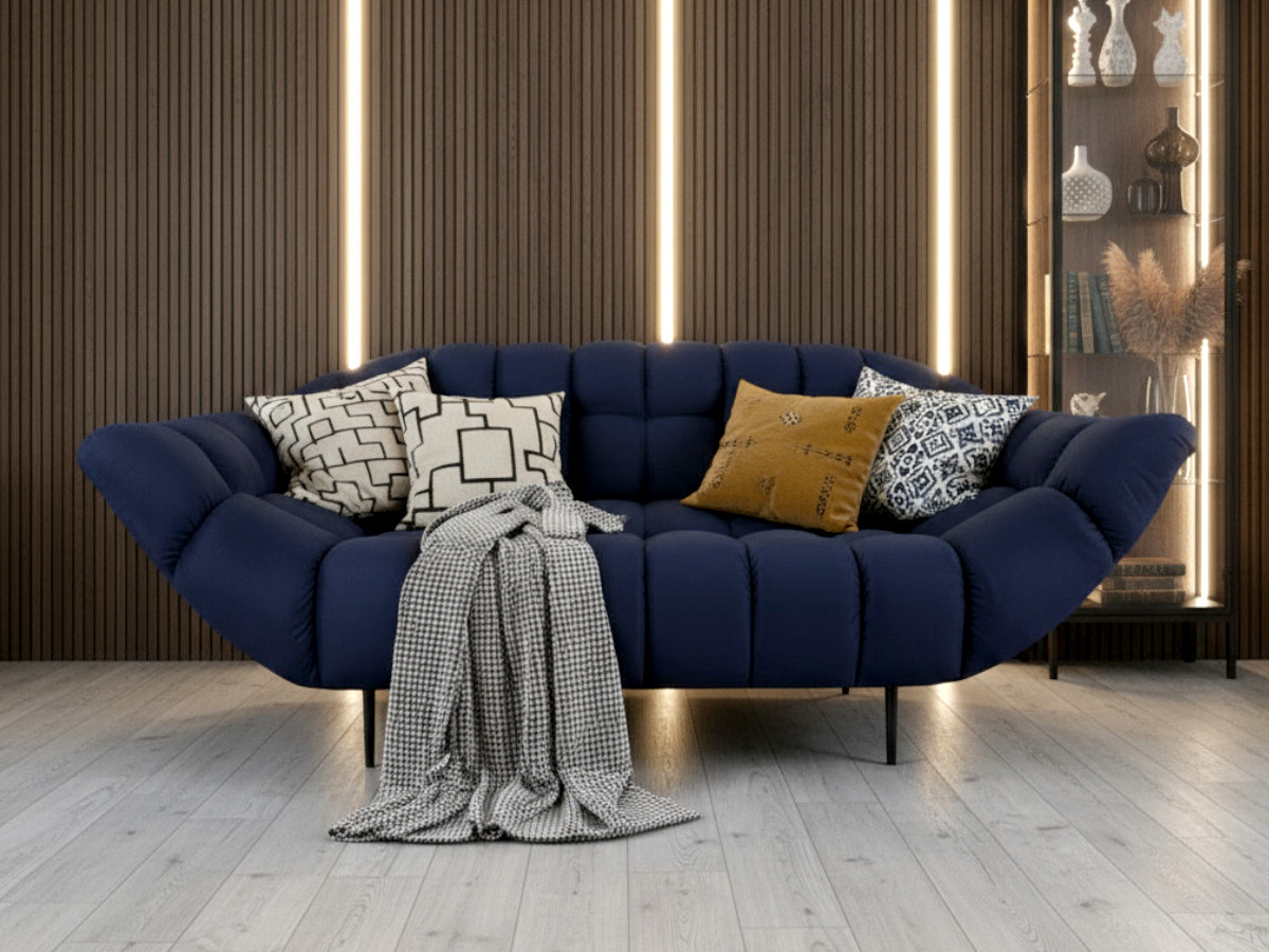 Nowoczesna Sofa 3-Osobowa 222 CM + Designerska Pikowana Kanapa Do Salonu + Wysokie Metalowe Nóżki - CLOUD