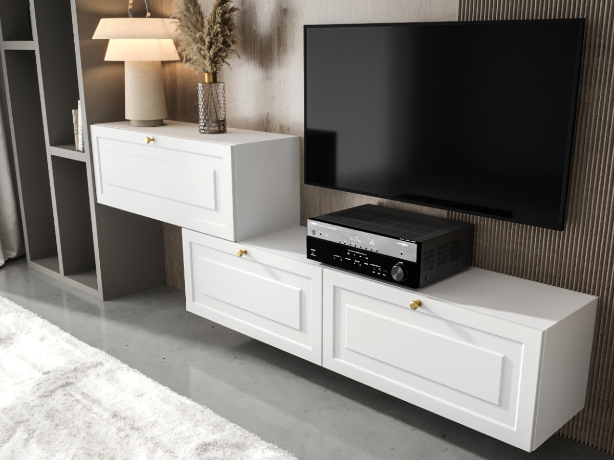 nowoczesny-zestaw-szafk-rtv-szafki-wiszace-biale-czarne-fronty mdf-frezowane-lakierowane-designerska-mebloscianka-CORIA Białe Meble RTV 210 CM Meblościanka Nowoczesna Wisząca Szafki Modułowe Do Salonu+ Fronty Frezowane Lakierowane MDF 18 MM + Wybór Wzorów CORIA