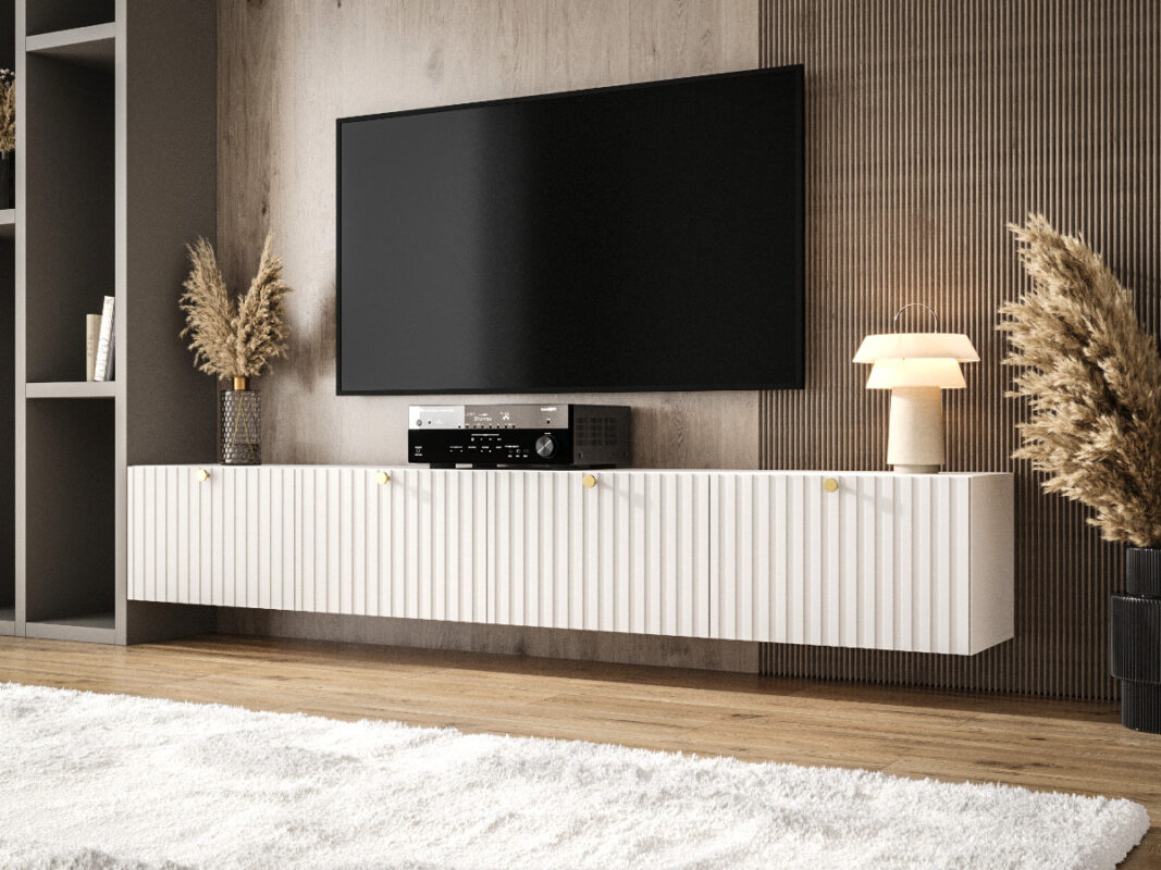 Białe Meble RTV Z Lamelami 220 CM Meblościanka Nowoczesna Wisząca Szafki Modułowe Do Salonu+ Fronty Frezowane Lakierowane MDF 18 MM + Wybór Wzorów COMO