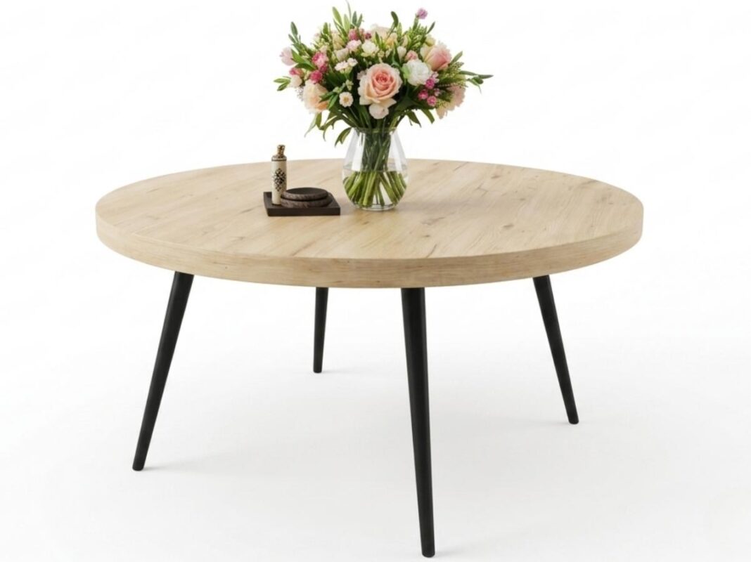 Okrągły Stolik Kawowy 90 cm Detroit - Ława W Stylu Loft Na 4 Czarnych Nóżkach