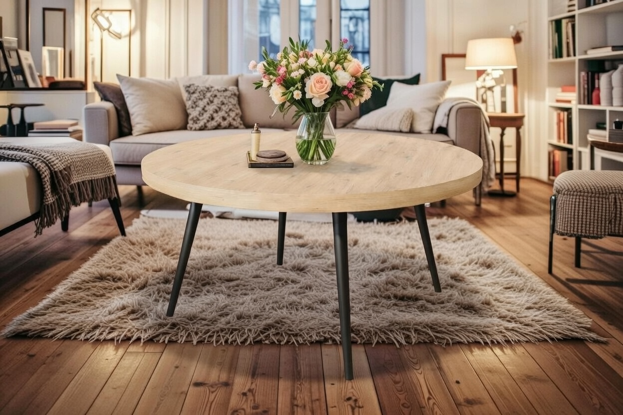 Okrągły stolik kawowy 90 cm Detroit w przytulnym salonie