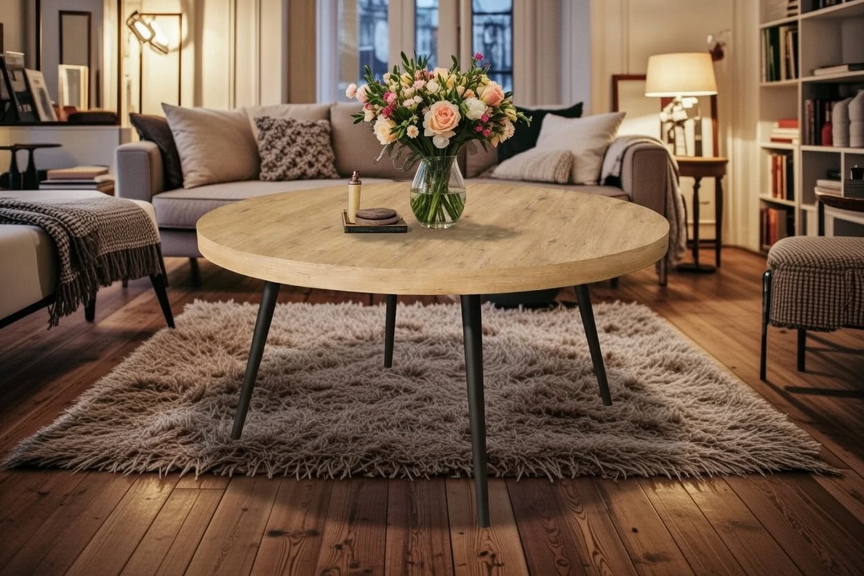 Okrągły stolik kawowy 90 cm Detroit w salonie loft