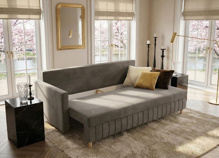 Schowek na kołdry pod siedzeniem szara sofa rozkładana 224 cm Watson