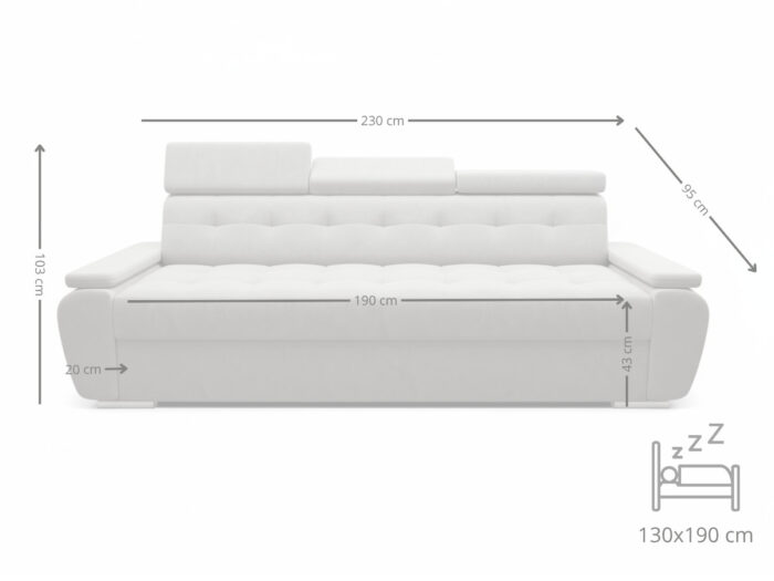 Nowoczesna Sofa Rozkładana 3 Osobowa 230 CM + Regulowane Zagłówki + Sprężyna Falista Pianka Wysokoelastyczna - ADRIA