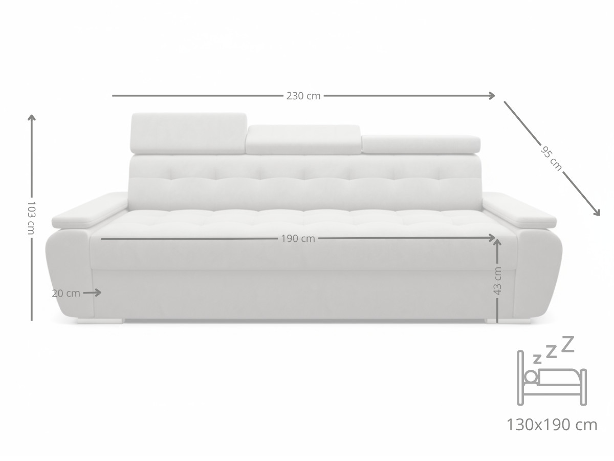 Nowoczesna Sofa Rozkładana 3 Osobowa 230 CM + Regulowane Zagłówki + Sprężyna Falista Pianka Wysokoelastyczna - ADRIA