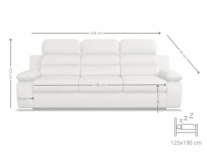 Wygodna Sofa 3 Osobowa 238 CM Rozkładana Kanapa + Regulowane Zagłówki Oraz Podłokietniki + Sprężyna Falista Pianka Wysokoelastyczna - ALBA