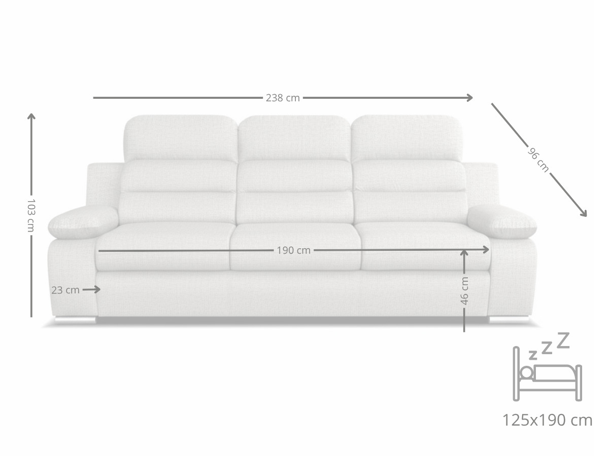 Wygodna Sofa 3 Osobowa 238 CM Rozkładana Kanapa + Regulowane Zagłówki Oraz Podłokietniki + Sprężyna Falista Pianka Wysokoelastyczna - ALBA