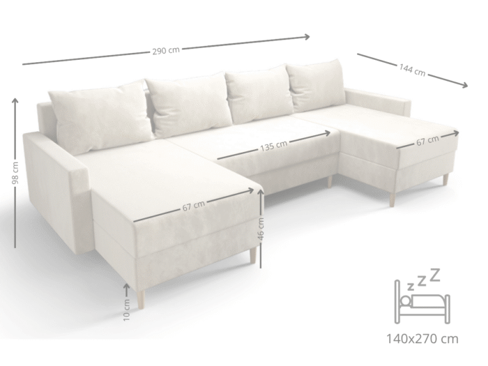 Duży Narożnik Rozkładany W Kształcie U 290x144 CM + Pojemnik Na Pościel + Sprężyna Bonell Pianka T30 + Wybór Kolorów - HAMPTON