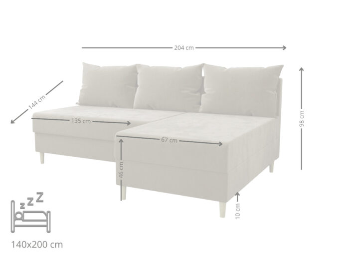 Mały Narożnik Rozkładany 204x144 CM + Pojemnik Na Pościel + Sprężyna Bonell Pianka T30 + Wysokie Nóżki - BOSTON