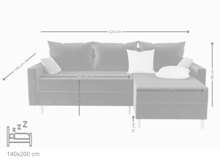 Narożnik Skandynawski Z Funkcją Spania 224x144 CM + Pojemnik Na Pościel + Sprężyna Bonell Pianka T30 + Wybór Kolorów - CORONA