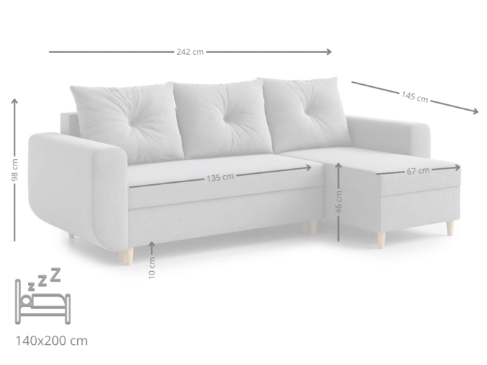 Narożnik Z Funkcją Spania 242x145 CM + Pojemnik Na Pościel + Sprężyna Bonell Pianka T30 + Wybór Kolorów - DAYTON