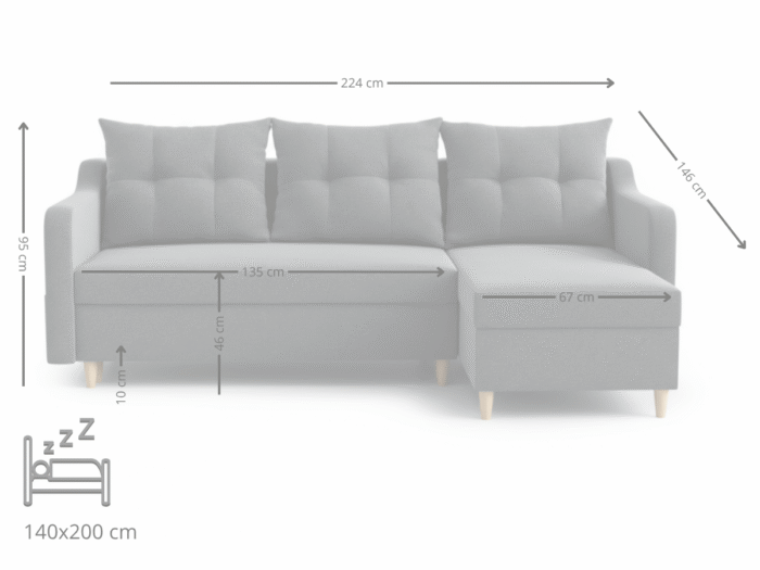 Narożnik Rozkładany 224X146 CM + Pojemnik Na Pościel + Sprężyna Bonell Pianka T30 + Skandynawski Styl + Wybór Kolorów - FARGO