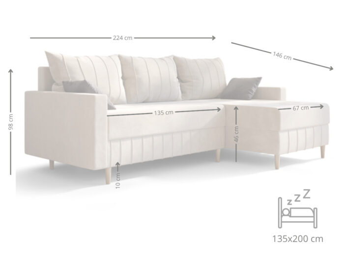 Narożnik Do Salonu 224x146 CM Z Funkcją Spania Pojemnikiem + Sprężyna Bonell Pianka T30 + Wybór Kolorów - JOLIET