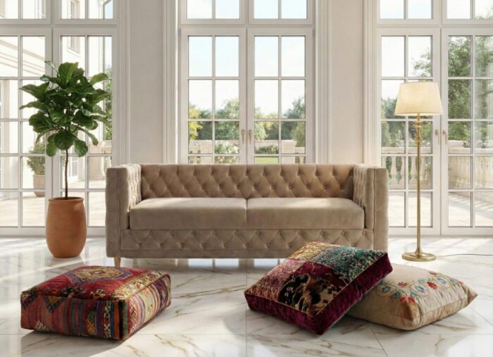 Sofa chesterfield Aspen beżowa przodem w luksusowym wnętrzu