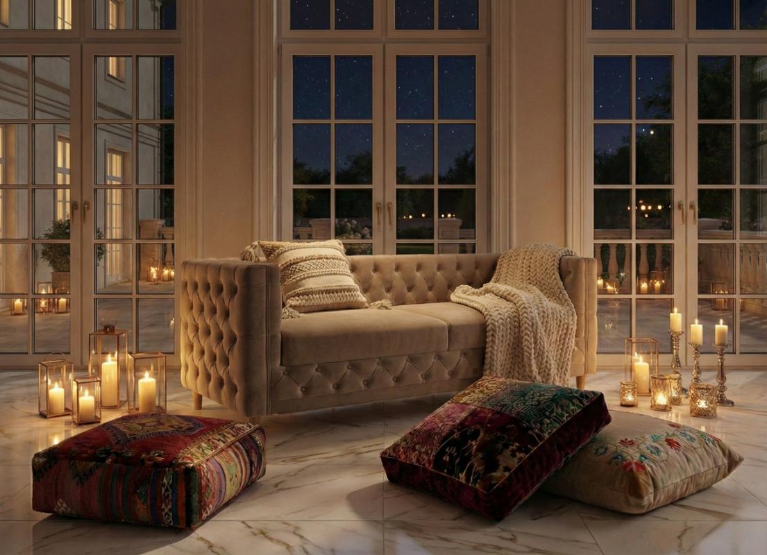 Sofa chesterfield Aspen w salonie nocą przy świecach