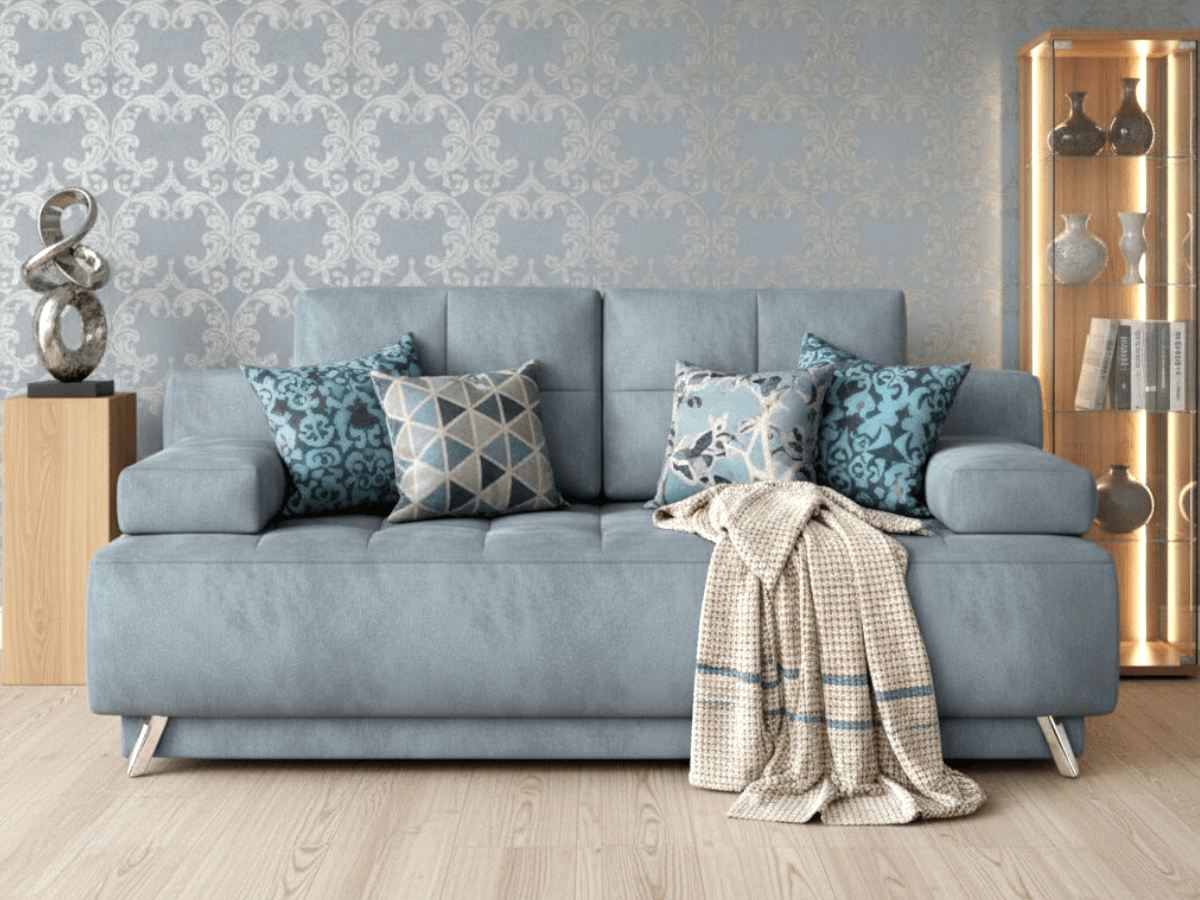 sofa-dwuosobowa-do-salonu-kanapa-szara-tapicerowana-rozkladana-z-pojemnikiem-197-NOVA-z Mała Rozkładana Kanapa 197 CM - Wygodna Sofa Do Salonu + Pikowane Siedzisko + Pojemnik Na Pościel - NOVA