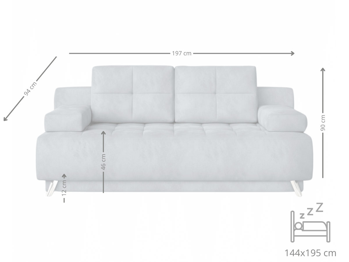 Mała Rozkładana Kanapa 197 CM - Wygodna Sofa Do Salonu + Pikowane Siedzisko + Pojemnik Na Pościel - NOVA